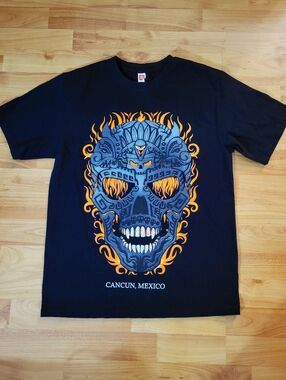 Cancun Mexico Flaming Stone Skull Head Graphic Black T-Shirt, Medium